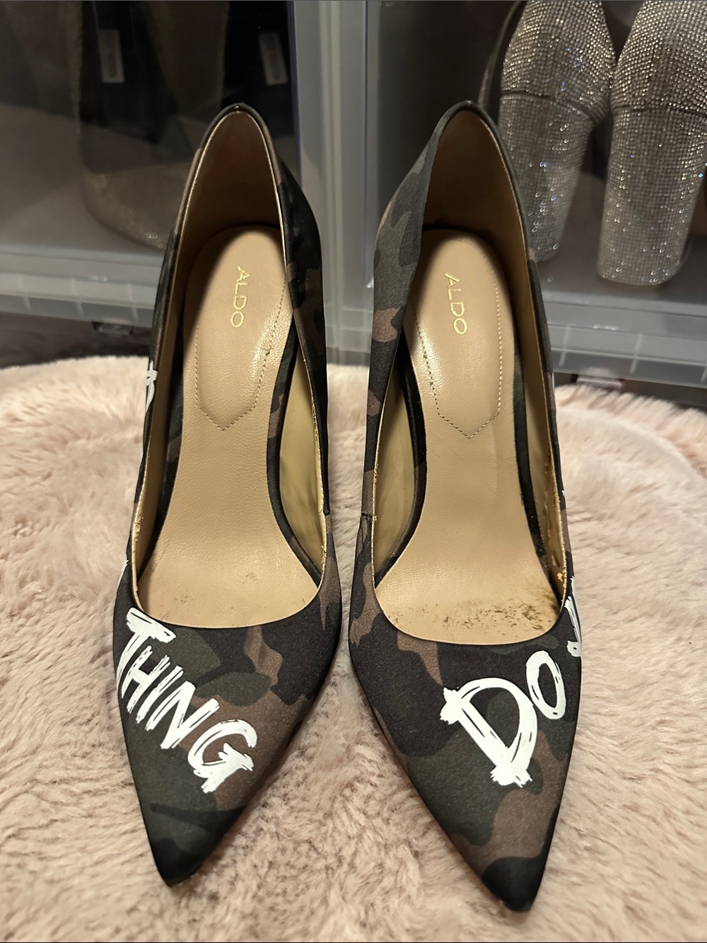 Aldo Camo Pointed-Toe Pumps with White Script